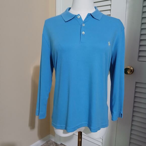 Ralph Lauren Sport Women's Large Aqua Long-Sleeved Polo 100% Cotton Yellow Logo - Picture 5 of 12